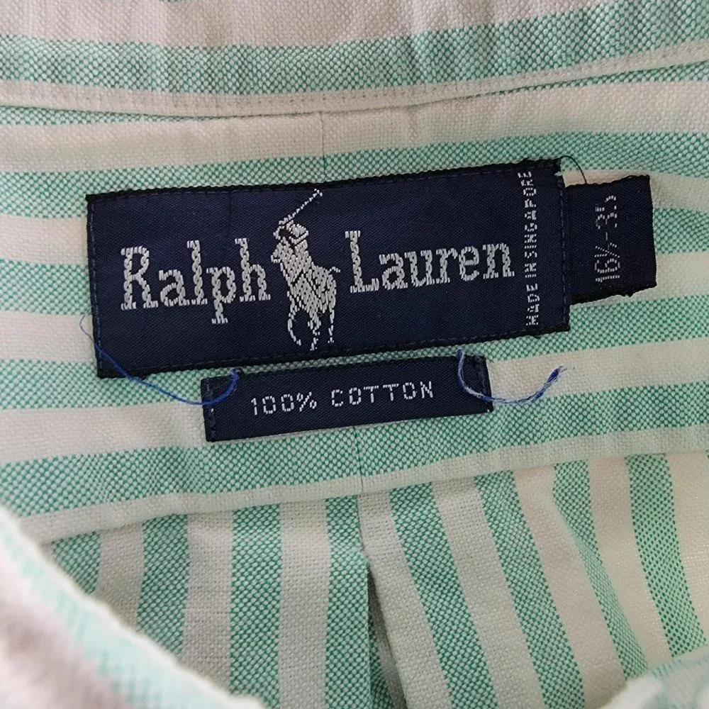 Ralph Lauren Men's Light Green and White Striped Button-Down Shirt